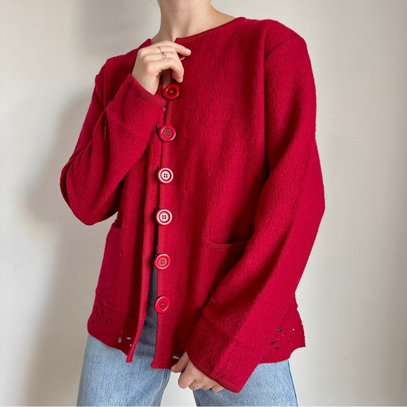VINTAGE RINO ROSSI RED ROSE BOILED WOOL CUT OUT HEM CARDIGAN SWEATER JACKET M - Picture 2 of 8